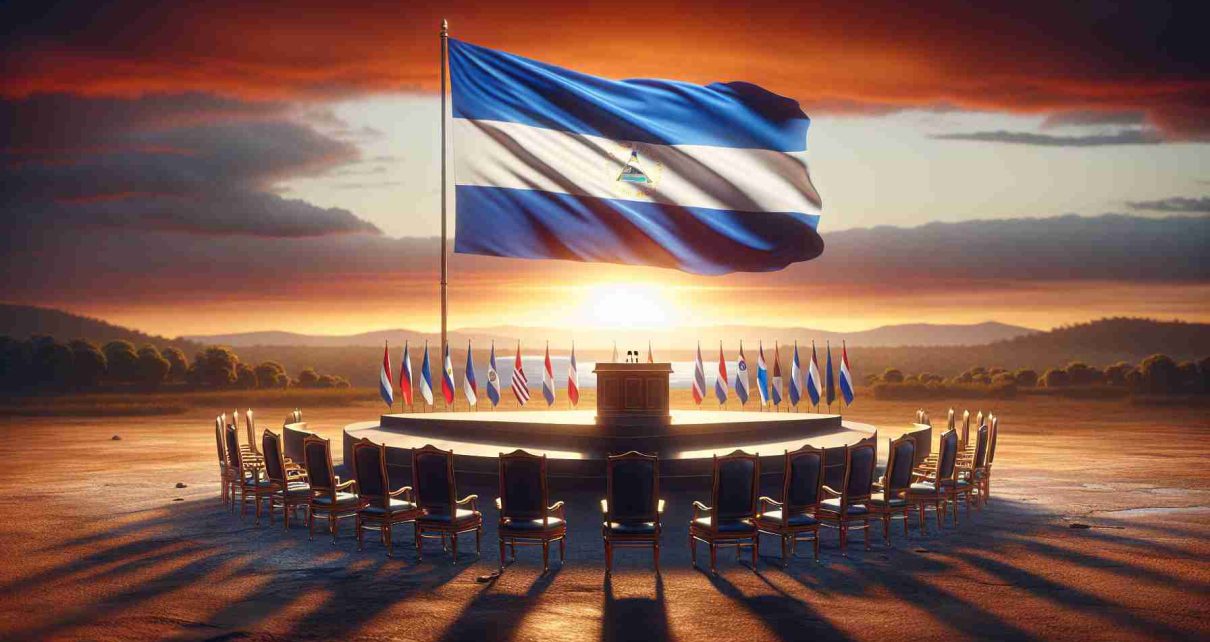 Realistic high-definition image of a metaphorical representation of Nicaragua dealing with the aftermath of being excluded from the Emerging Countries Forum. A dramatic, sunset-lit landscape featuring the Nicaraguan flag flying on its own, with a series of empty chairs representing the other nations, all in a semi-circle, with a large, empty podium in the middle.