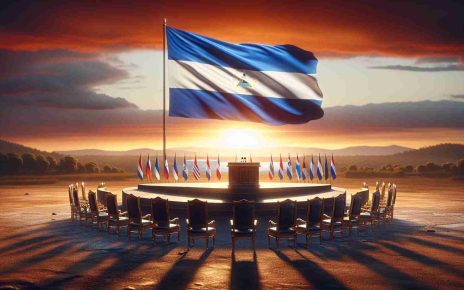 Realistic high-definition image of a metaphorical representation of Nicaragua dealing with the aftermath of being excluded from the Emerging Countries Forum. A dramatic, sunset-lit landscape featuring the Nicaraguan flag flying on its own, with a series of empty chairs representing the other nations, all in a semi-circle, with a large, empty podium in the middle.