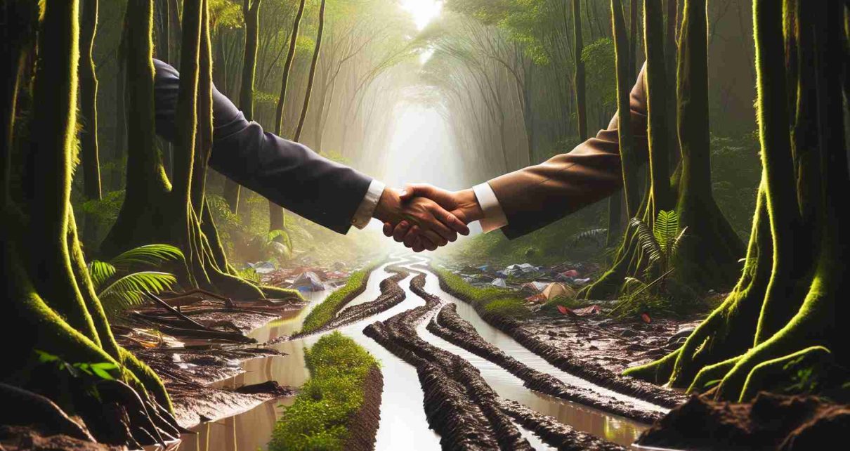 Create a realistic, high-definition image that represents Nicaragua's new diplomatic direction. The scene could include an abstract representation like paths diverging in a dense, humid rainforest or a literal one such as a symbolic handshake between two people of different descents. Please maintain a tone of hopefulness and optimism.