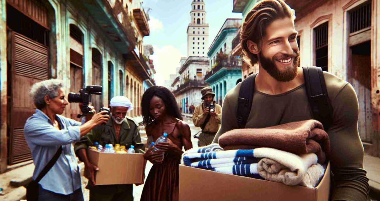 High definition photograph depiction of individuals partaking in humanitarian aid efforts in Havana. A Caucasian male is carrying a box filled with food supplies, while a Black female is helping distribute blankets to those in need. In the background, a Middle-Eastern woman can be seen documenting the process. The image is set in an urban environment with rustic buildings, capturing the charm and soul of the Havana cityscape.