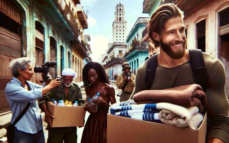 High definition photograph depiction of individuals partaking in humanitarian aid efforts in Havana. A Caucasian male is carrying a box filled with food supplies, while a Black female is helping distribute blankets to those in need. In the background, a Middle-Eastern woman can be seen documenting the process. The image is set in an urban environment with rustic buildings, capturing the charm and soul of the Havana cityscape.