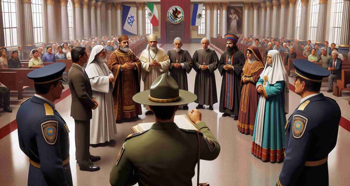 Realistic, high-definition illustration of an unidentified government disallowing religious figures in an action that threatens freedom of religion. The scene should contain governmental officers who appear to be of Hispanic descent, dressed in formal attire, and religious figures of diverse descents and genders, wearing attire representative of their faiths, in a setting that suggests a Central American country.