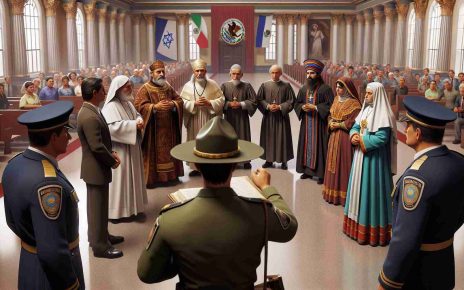 Realistic, high-definition illustration of an unidentified government disallowing religious figures in an action that threatens freedom of religion. The scene should contain governmental officers who appear to be of Hispanic descent, dressed in formal attire, and religious figures of diverse descents and genders, wearing attire representative of their faiths, in a setting that suggests a Central American country.