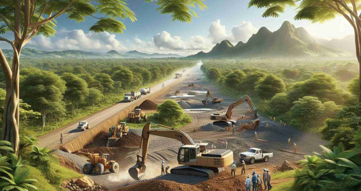 A highly detailed and realistic image of a scene in which land in Nicaragua is being prepared for the creation of a water supply infrastructure. In the scene, there's machinery excavating the area as workers supervise the progress. The landscape around is filled with lush tropical vegetation under a clear, sunny sky.