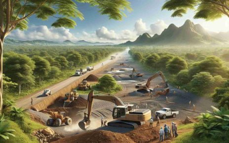 A highly detailed and realistic image of a scene in which land in Nicaragua is being prepared for the creation of a water supply infrastructure. In the scene, there's machinery excavating the area as workers supervise the progress. The landscape around is filled with lush tropical vegetation under a clear, sunny sky.