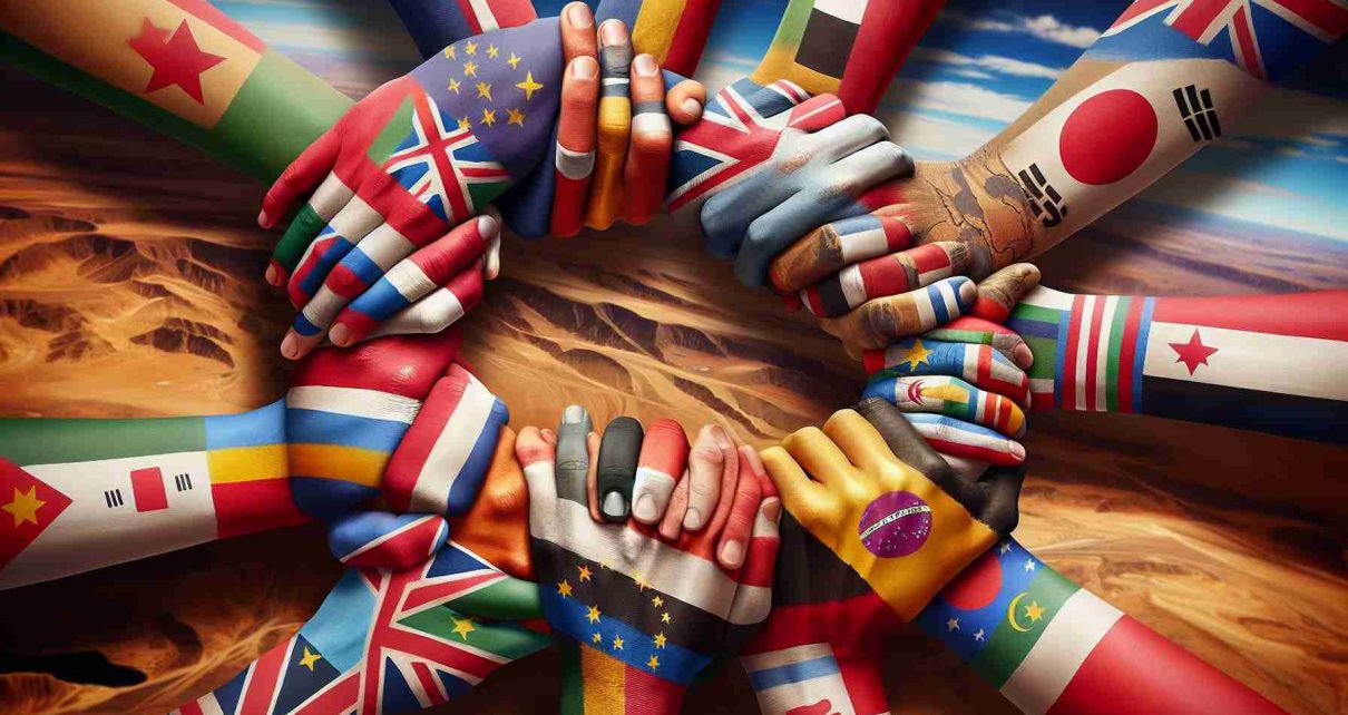 High-definition, hyper-realistic image of a symbolic representation of international unity against conflict in the Middle East. The image should show multiple hands joining together, each painted with the flag of a different country, conveying the message of global unity and peace. The background should appear with earthy tones and shades hinting towards the desert landscapes of the Middle East. Avoid any display of violence, hostile actions, or specific political implications. The emphasis should be on multilateral unity desiring peace in the troubled region.