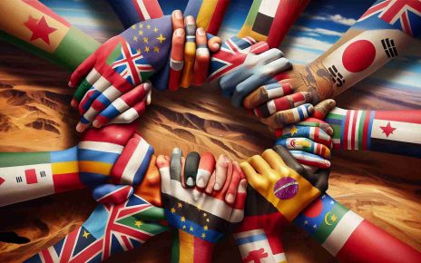 High-definition, hyper-realistic image of a symbolic representation of international unity against conflict in the Middle East. The image should show multiple hands joining together, each painted with the flag of a different country, conveying the message of global unity and peace. The background should appear with earthy tones and shades hinting towards the desert landscapes of the Middle East. Avoid any display of violence, hostile actions, or specific political implications. The emphasis should be on multilateral unity desiring peace in the troubled region.