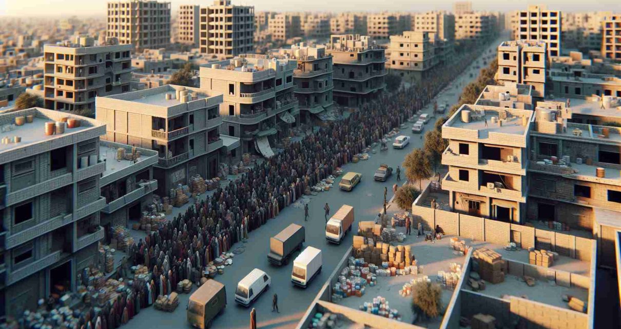 Realistic, high-definition image showing a humanitarian crisis taking place in an anonymous urban area that resembles the Middle-Eastern region. The scene should include crowded streets, people lining up for food and water, haggard buildings, and details that often represent struggles in paper-ridden areas.