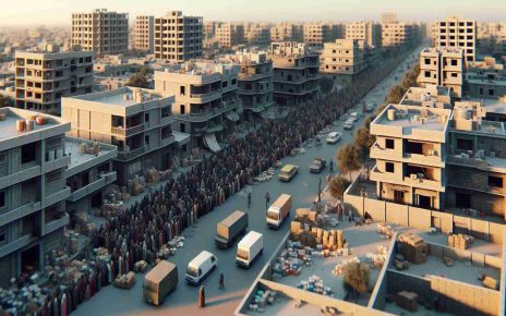 Realistic, high-definition image showing a humanitarian crisis taking place in an anonymous urban area that resembles the Middle-Eastern region. The scene should include crowded streets, people lining up for food and water, haggard buildings, and details that often represent struggles in paper-ridden areas.