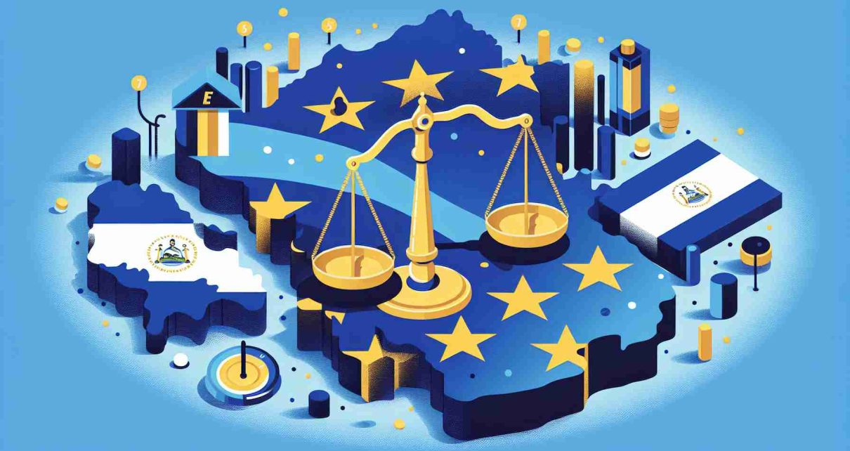 Detailed visual representation of the news headline: 'The European Union extends sanctions on Nicaragua for another year', featuring a symbolic scale signifying justice, a map of Nicaragua and European Union flags in the background. All the elements are submerged in a color palette involving shades of blue and yellow, to represent EU's colors.