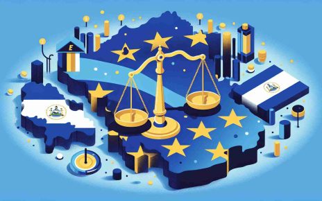 Detailed visual representation of the news headline: 'The European Union extends sanctions on Nicaragua for another year', featuring a symbolic scale signifying justice, a map of Nicaragua and European Union flags in the background. All the elements are submerged in a color palette involving shades of blue and yellow, to represent EU's colors.