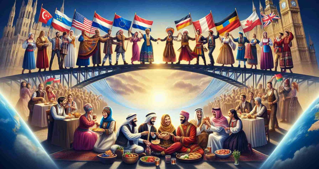 High definition, realistic image representing the strengthening of bilateral relations through cultural exchange. Display two nations sharing their unique attributes and heritage, enhancing their bonds. One side of the picture shows a group of Caucasian people in traditional European garb sharing food, music, and dance. The other side showcases a group of Middle-Eastern people in cultural attire engaging in similar activities. A bridge or an arch symbolizing unity and exchange connects the two groups, highlighting the growing partnership. The atmosphere is jovial, full of color, and appreciation for diversity.