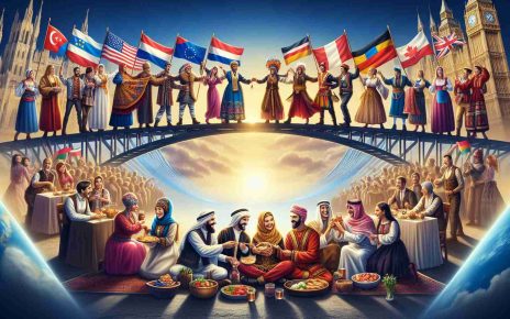 High definition, realistic image representing the strengthening of bilateral relations through cultural exchange. Display two nations sharing their unique attributes and heritage, enhancing their bonds. One side of the picture shows a group of Caucasian people in traditional European garb sharing food, music, and dance. The other side showcases a group of Middle-Eastern people in cultural attire engaging in similar activities. A bridge or an arch symbolizing unity and exchange connects the two groups, highlighting the growing partnership. The atmosphere is jovial, full of color, and appreciation for diversity.