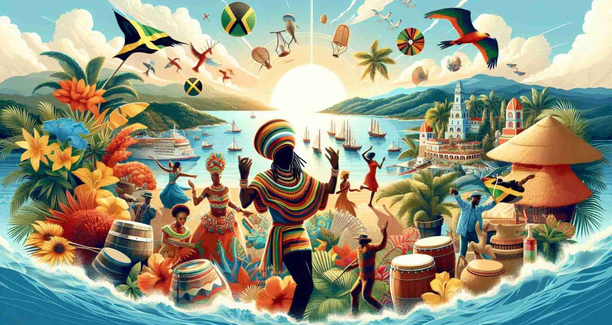 Generate a high-definition, realistic image that represents the title 'Discovering the Vibrant Culture of Jamaica'. The image should feature elements characterizing Jamaican culture such as traditional costumes, dance, local foods, and unique landscapes. Do not depict specific individuals or copyrighted characters.