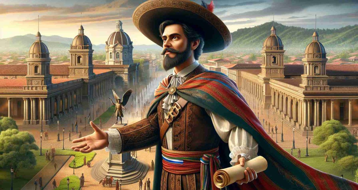 Create a detailed, HD-quality image portraying a significant historic event in Nicaraguan history, focusing on a central figure who is a man of Hispanic descent clad in traditional Nicaraguan attire, standing in a monument-filled cityscape, with a backdrop of prominent Nicaraguan landmarks. He holds a scroll in one hand while gesturing passionately with the other, symbol of his dedication and contributions to his country's history.