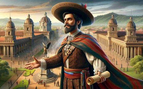 Create a detailed, HD-quality image portraying a significant historic event in Nicaraguan history, focusing on a central figure who is a man of Hispanic descent clad in traditional Nicaraguan attire, standing in a monument-filled cityscape, with a backdrop of prominent Nicaraguan landmarks. He holds a scroll in one hand while gesturing passionately with the other, symbol of his dedication and contributions to his country's history.