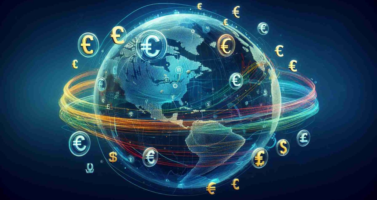 High-definition, realistic digital painting of an abstract concept representing the fluctuation of currency values worldwide. The main elements could include a digitally designed transparent globe and various different currencies, such as Euro, Dollar, Yen and others, symbolized by their respective icons. These icons are moving on paths around the globe, symbolizing their fluctuation. The paths would be color-coded to represent the rise and fall of their values.