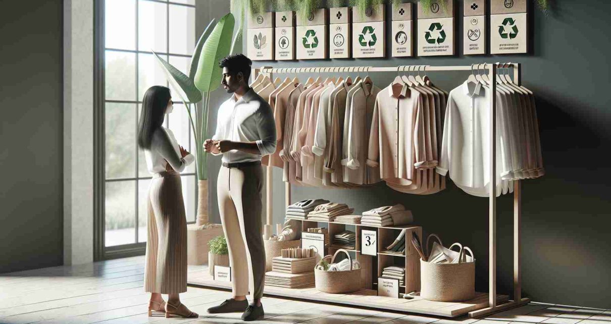 A high-definition, realistic visual representation of sustainable fashion trends. The image showcases various elements including an eco-friendly clothing rack, with pieces made of recyclable materials. Shirts, trousers, dresses and accessories manifest the latest style trends with a green-minded approach. The setting is a minimalist, energy-efficient boutique that uses natural components and textures. Small placards explain the environmental benefits of each item. An Indian male customer and a Caucasian female sales assistant are engrossed in a discussion about the eco-friendly materials used in the garments.