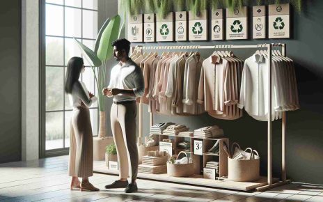 A high-definition, realistic visual representation of sustainable fashion trends. The image showcases various elements including an eco-friendly clothing rack, with pieces made of recyclable materials. Shirts, trousers, dresses and accessories manifest the latest style trends with a green-minded approach. The setting is a minimalist, energy-efficient boutique that uses natural components and textures. Small placards explain the environmental benefits of each item. An Indian male customer and a Caucasian female sales assistant are engrossed in a discussion about the eco-friendly materials used in the garments.