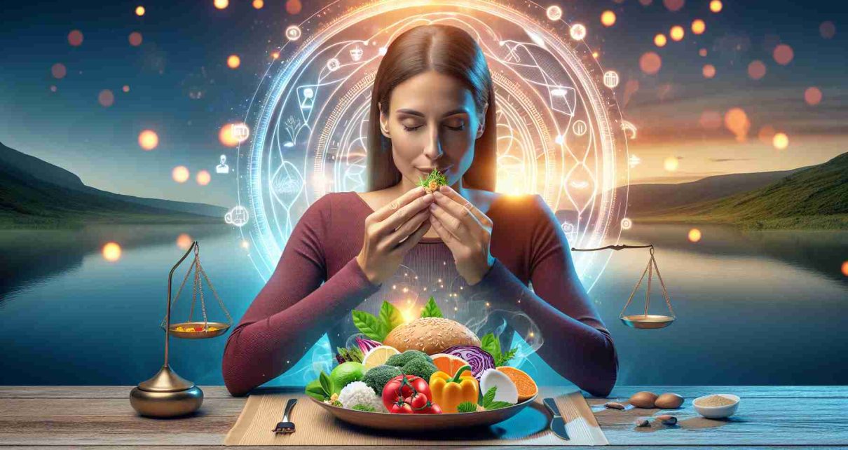 A high definition, realistic image showcasing the concept of mindful eating which contributes significantly to overall wellness. This could be depicted by a serene dining environment with an individual in the process of savoring a plate full of nutritious, colorful food, pausing to smell and appreciate each bite. The individual could be of Middle-Eastern descent and their gender female. Around them, visual symbols like a balanced scale, a glowing aura, or a peaceful landscape in the background could be present to signify wellness and balance.