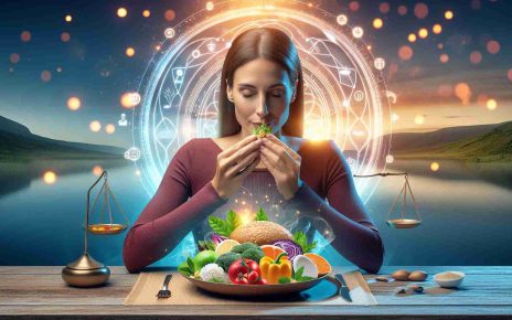 A high definition, realistic image showcasing the concept of mindful eating which contributes significantly to overall wellness. This could be depicted by a serene dining environment with an individual in the process of savoring a plate full of nutritious, colorful food, pausing to smell and appreciate each bite. The individual could be of Middle-Eastern descent and their gender female. Around them, visual symbols like a balanced scale, a glowing aura, or a peaceful landscape in the background could be present to signify wellness and balance.