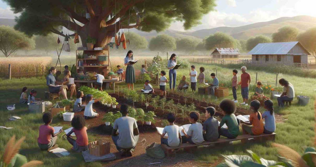 A high definition, realistic image of a scene displaying the empowerment of young individuals in a rural setting through sustainable education. The scene shows children of multiple descents like Hispanic, Middle-Eastern, and South Asian actively participating in educational activities focused on sustainability. This includes nurturing plants in a small organic farm, recycling used materials, and studying about renewable energy under the shade of a big tree. They are mentored by male and female adults of varying descents, like Black, Caucasian, and South Asian. The countryside landscape in the background further emphasizes the rural theme.