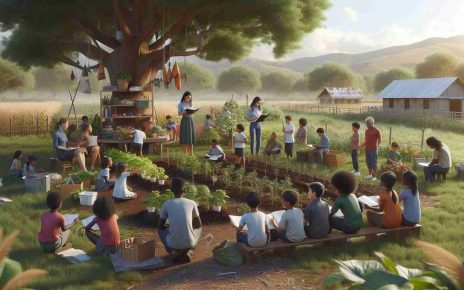 A high definition, realistic image of a scene displaying the empowerment of young individuals in a rural setting through sustainable education. The scene shows children of multiple descents like Hispanic, Middle-Eastern, and South Asian actively participating in educational activities focused on sustainability. This includes nurturing plants in a small organic farm, recycling used materials, and studying about renewable energy under the shade of a big tree. They are mentored by male and female adults of varying descents, like Black, Caucasian, and South Asian. The countryside landscape in the background further emphasizes the rural theme.