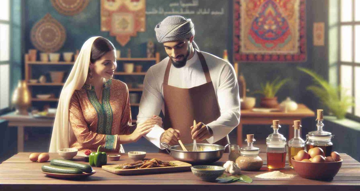 A realistic, high-definition image showcasing strengthening cultural ties through culinary exchange. Picture should include a South Asian woman showing a Middle Eastern man how to make a traditional South Asian dish, as they wear their respective cultural outfits. It is possible to see a table laden with a variety of ingredients from both cuisines. The kitchen should be filled with the warm light, suggesting a cozy and welcoming environment. Captions on the image could explain the name and origin of the dishes. Cultural arts from both regions might also be visible in the background.