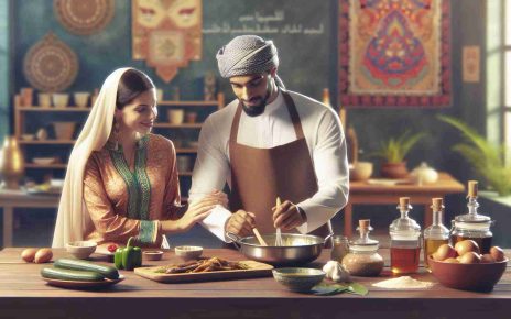 A realistic, high-definition image showcasing strengthening cultural ties through culinary exchange. Picture should include a South Asian woman showing a Middle Eastern man how to make a traditional South Asian dish, as they wear their respective cultural outfits. It is possible to see a table laden with a variety of ingredients from both cuisines. The kitchen should be filled with the warm light, suggesting a cozy and welcoming environment. Captions on the image could explain the name and origin of the dishes. Cultural arts from both regions might also be visible in the background.