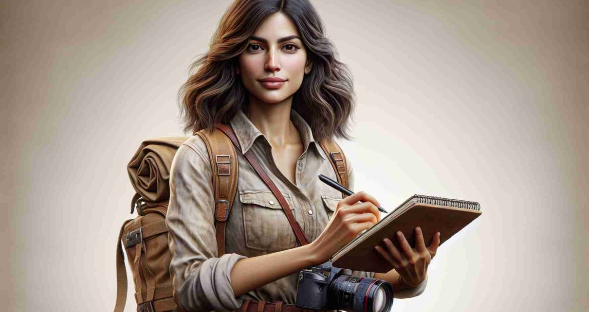 A realistic HD image of a brave and determined Hispanic female journalist embarking on a journey packed with courage and learning. Picture her with a pen and a notebook in her hands, all set to uncover stories, decipher truths and narrate the world from her unique perspective.