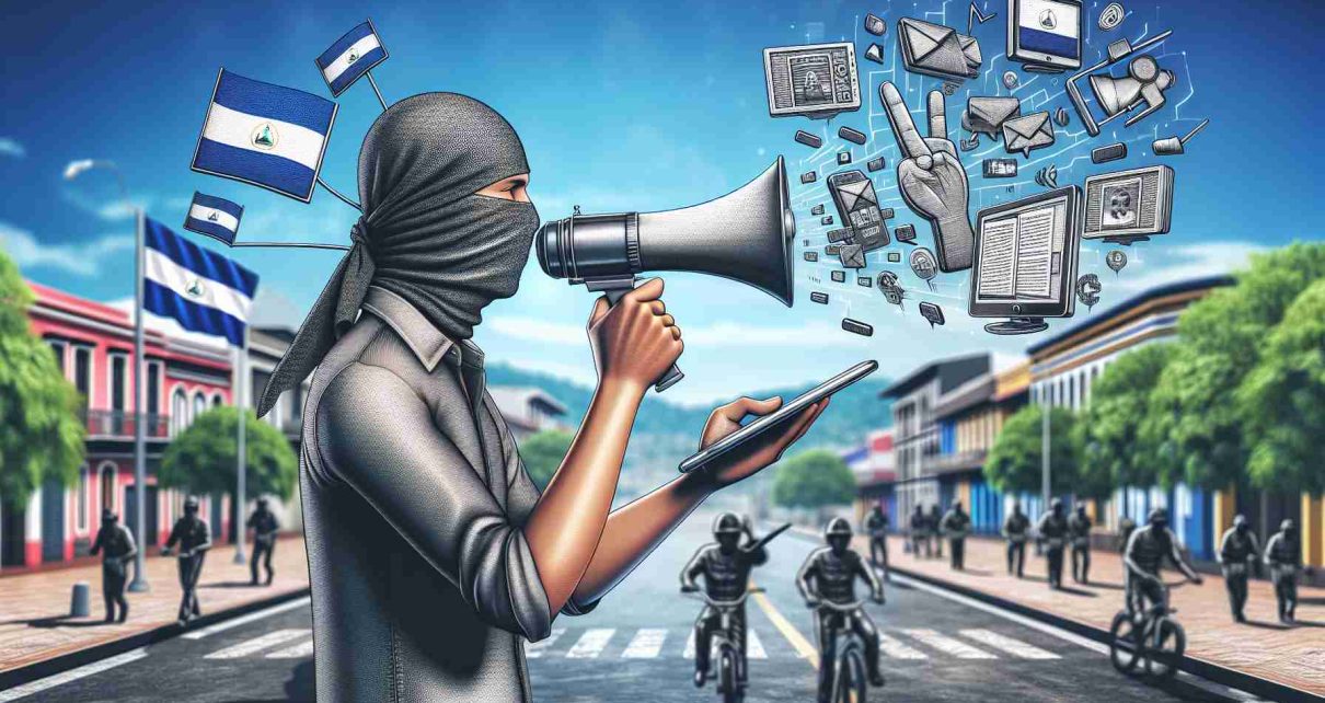 A high definition, realistic image symbolizing how technology has revolutionized the freedom of speech in Nicaragua. It can include elements like high-tech communication devices such as smartphones, tablets, or computers. One person of Hispanic descent using a device in an animated manner, signifying their use of technology to voice their opinions freely. The background might represent an urban setting with Nicaraguan landmarks subtly incorporated, to provide a context of the setting.