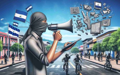 A high definition, realistic image symbolizing how technology has revolutionized the freedom of speech in Nicaragua. It can include elements like high-tech communication devices such as smartphones, tablets, or computers. One person of Hispanic descent using a device in an animated manner, signifying their use of technology to voice their opinions freely. The background might represent an urban setting with Nicaraguan landmarks subtly incorporated, to provide a context of the setting.