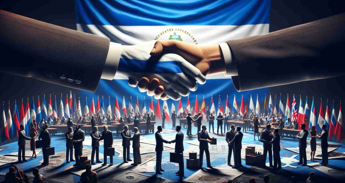 A realistic high-definition picture showcasing the formation of new alliances in Nicaragua as it grapples with international tensions. The image focuses on symbolic representations of these events, such as an artistic portrayal of negotiations, handshakes, and diverse people from different nationalities coming together. Display Nicaragua's national emblem or flags in the backdrop to further illustration the setting, while also creating a sense of drama with a heavy use of shadows and contrast, akin to a cinematic shot.