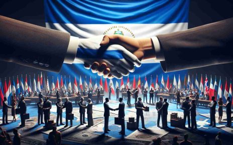 A realistic high-definition picture showcasing the formation of new alliances in Nicaragua as it grapples with international tensions. The image focuses on symbolic representations of these events, such as an artistic portrayal of negotiations, handshakes, and diverse people from different nationalities coming together. Display Nicaragua's national emblem or flags in the backdrop to further illustration the setting, while also creating a sense of drama with a heavy use of shadows and contrast, akin to a cinematic shot.