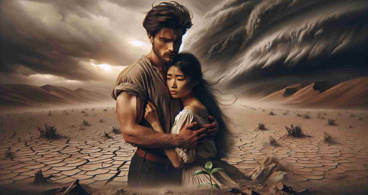 Create a high-definition, realistic image that encapsulates the theme of 'Love in Adversity: A Tale of Resilience'. Visualize two individuals from different descents, a Caucasian man and an Asian woman, standing side by side. They are in a landscape that signifies hardship, for instance, a barren desert or amidst a storm. Despite the harsh conditions, the couple embodies resilience and maintain a sense of affection and mutual support. The man tenderly wraps his arm around the woman, who leans on him for support. Imbue the scene with hope, perhaps via a single sprout in the barren land, symbolizing their resilience and tenacity.