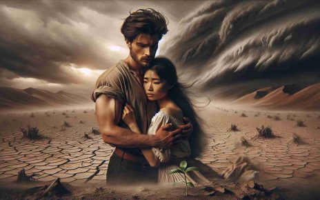 Create a high-definition, realistic image that encapsulates the theme of 'Love in Adversity: A Tale of Resilience'. Visualize two individuals from different descents, a Caucasian man and an Asian woman, standing side by side. They are in a landscape that signifies hardship, for instance, a barren desert or amidst a storm. Despite the harsh conditions, the couple embodies resilience and maintain a sense of affection and mutual support. The man tenderly wraps his arm around the woman, who leans on him for support. Imbue the scene with hope, perhaps via a single sprout in the barren land, symbolizing their resilience and tenacity.