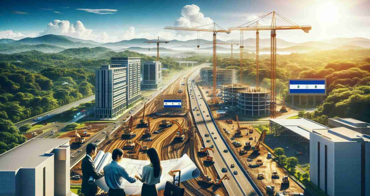 A high-definition, realistic image of an infrastructure development scene demonstrating a thriving partnership. In the forefront, engineers of Hispanic and East Asian descent are reviewing blueprints. Behind them, towering cranes, and machines are busy constructing modern buildings and roads under a bright, sunny sky. You can see the beautiful Nicaraguan nature in the background with lush, vast forestlands and mountains. Also visible is a billboard bearing the flags of Nicaragua and China, symbolizing collaboration, near the construction site. The atmosphere is filled with a sense of productivity and harmonious cooperation.