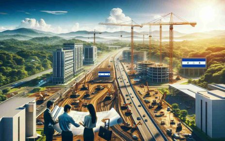 A high-definition, realistic image of an infrastructure development scene demonstrating a thriving partnership. In the forefront, engineers of Hispanic and East Asian descent are reviewing blueprints. Behind them, towering cranes, and machines are busy constructing modern buildings and roads under a bright, sunny sky. You can see the beautiful Nicaraguan nature in the background with lush, vast forestlands and mountains. Also visible is a billboard bearing the flags of Nicaragua and China, symbolizing collaboration, near the construction site. The atmosphere is filled with a sense of productivity and harmonious cooperation.