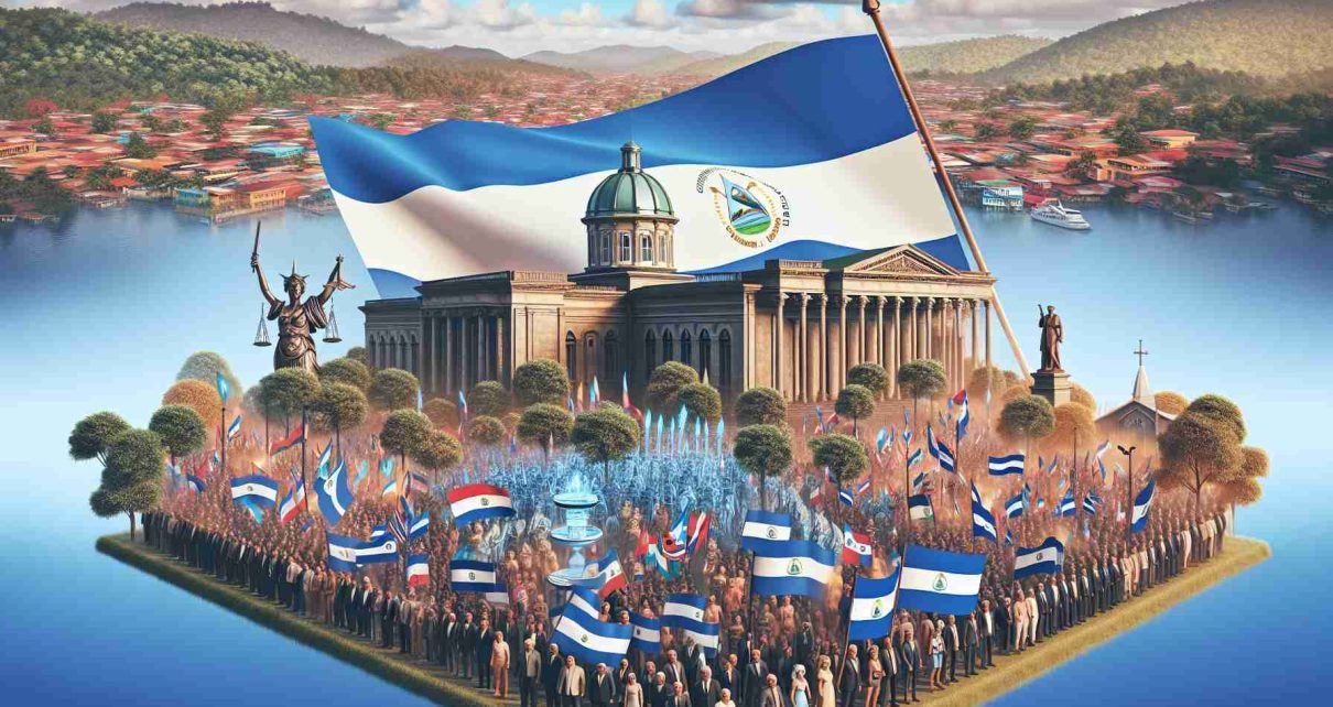 Realistic HD photo portraying the concept of Nicaragua proposing constitutional reform. It could include imagery like a conceptual representation of a revised constitution, perhaps overlaid with a vibrant Nicaraguan landscape, alongside international emblems or flags to represent the international scrutiny. It might also feature demonstrators or citizenry peacefully voicing either support or criticism to embody the public reaction. Please keep identities and features of the protesters ambiguous.