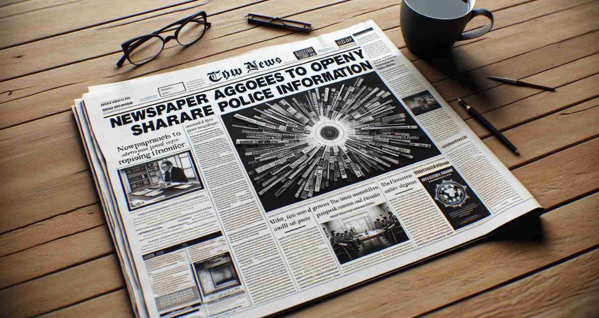 Generate a realistic, high-definition image of a newspaper front page with a major headline announcing 'Newspaper Agrees to Openly Share Police Information'. The scene should include the paper lying open on a wooden table, with a cup of coffee and a pair of reading glasses placed nearby. The details should be meticulous to the extent that one can read the smaller news items and advertisements as well.