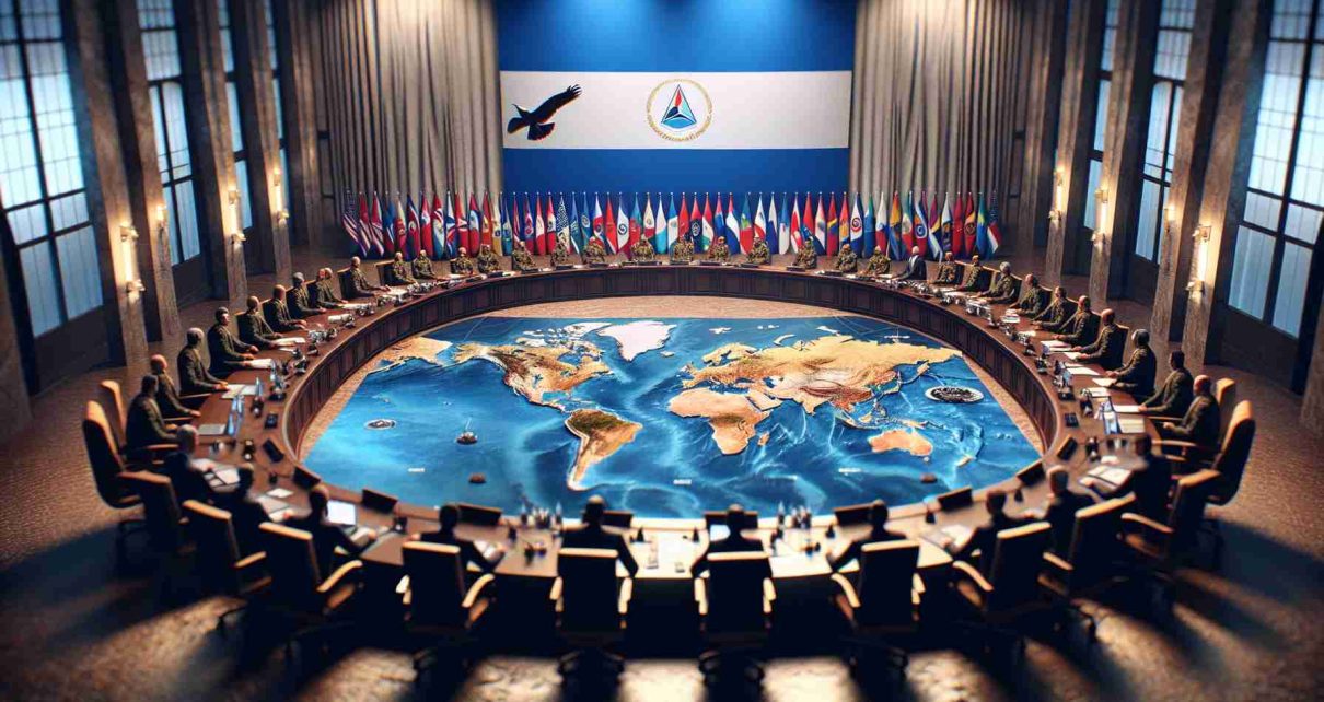 A high-definition, photorealistic image depicting a symbolic representation of a military cooperation initiative led by Nicaragua. The scene includes a large-scale conference table with a detailed map of the world spread on top. Delegates of various nationalities are seated and engaged in earnest discussions. A large Nicaraguan flag stands prominently in the background as a symbol of leadership in this initiative. Detailed textures, vibrant colors, and effective light play convey the gravity and ambition of the occasion.