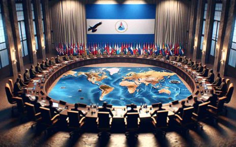 A high-definition, photorealistic image depicting a symbolic representation of a military cooperation initiative led by Nicaragua. The scene includes a large-scale conference table with a detailed map of the world spread on top. Delegates of various nationalities are seated and engaged in earnest discussions. A large Nicaraguan flag stands prominently in the background as a symbol of leadership in this initiative. Detailed textures, vibrant colors, and effective light play convey the gravity and ambition of the occasion.