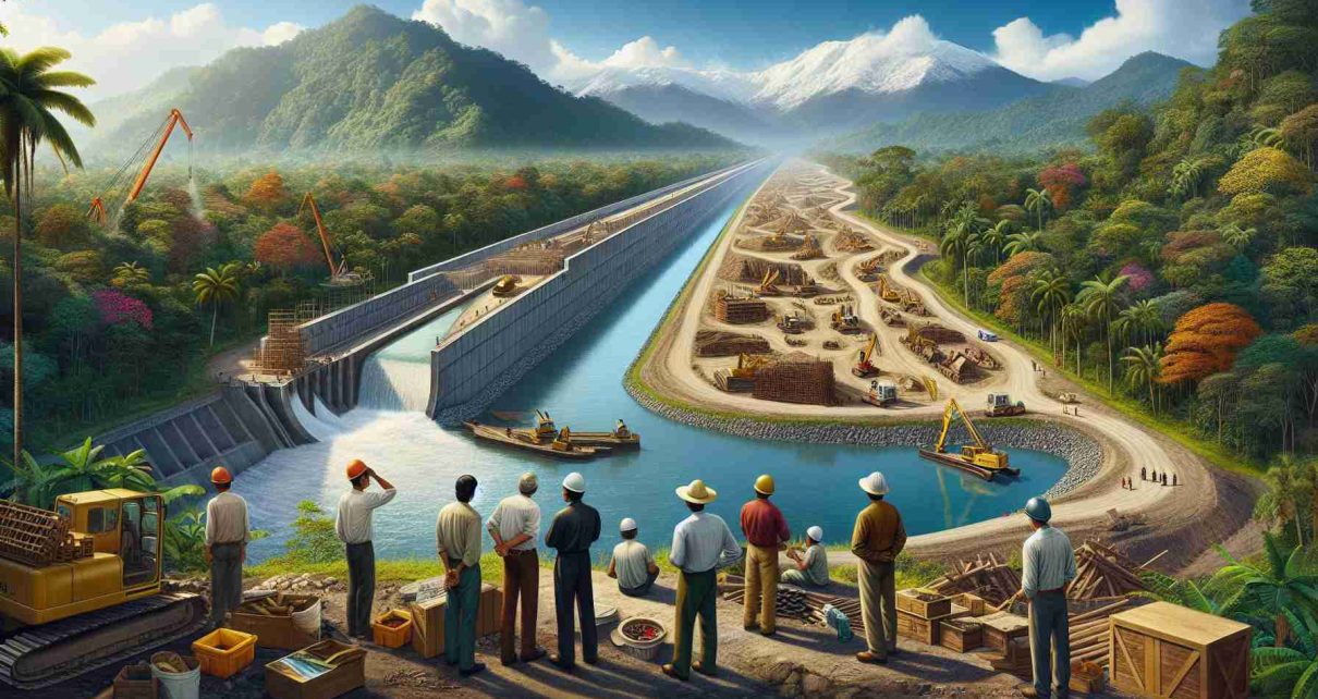 Illustrate a realistic, high-definition image of an intriguing new canal project proposed in Central America. The scene should depict a large-scale construction site with modern machinery, well-organized site layouts, engineers of diverse genders and from varied descents such as Hispanic, Black, and Caucasian. Surrounding the construction site, lay the magnificent Central American environment: the lush tropical rainforest, sparkling rivers, and towering mountains in the background.