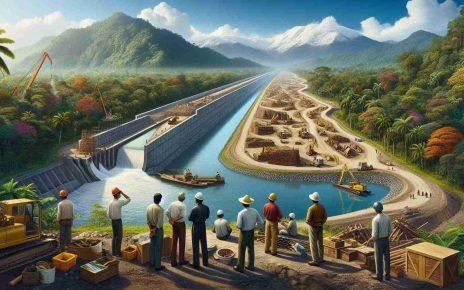 Illustrate a realistic, high-definition image of an intriguing new canal project proposed in Central America. The scene should depict a large-scale construction site with modern machinery, well-organized site layouts, engineers of diverse genders and from varied descents such as Hispanic, Black, and Caucasian. Surrounding the construction site, lay the magnificent Central American environment: the lush tropical rainforest, sparkling rivers, and towering mountains in the background.