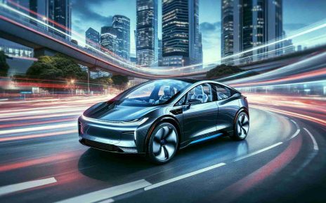 A highly detailed, lifelike photo of an advanced electric car on a dynamic backdrop. The vehicle shines brightly with glossy, polished surfaces and embodies the new era of the transportation industry. It exhibits innovative technology features like interactive touchscreens, electronic diagnostic systems, and optimized energy consumption mechanisms. The thriving city in the background suggests an urban setting, and the passing, blurred traffic points to the profound revolution electrification has brought to the transportation world.