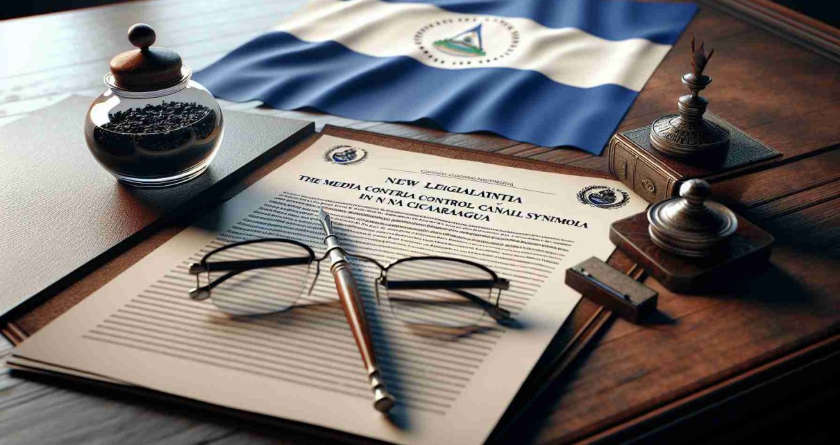 Create an illustration of a detailed document, the new legislation about media control and national symbols in Nicaragua. Show it placed on a wooden table, alongside a Nicaraguan flag and an antique ink pot with a quill. A pair of reading glasses is resting atop the legislation paper. The room is lit by a soft, warm light, creating a calm and serious atmosphere. The visuals should be realistic and in high definition.