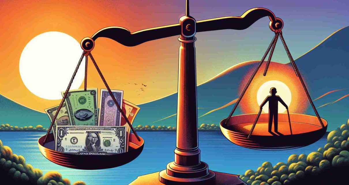 Illustration portraying the concept of new sanctions being imposed on a Central American country for human rights violations. Display a metaphorical scale symbolising justice in the foreground, with currency on one side and a human figure on another, both in balance. The background should depict a sun setting over a body of water, symbolising the end of a day, or in this case, era. Make sure the colors are vivid and the details sharp, reflecting a high-definition image creation.