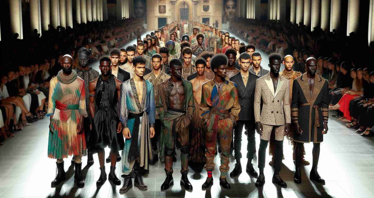 A highly realistic and detailed photo showcasing the phenomenal talent of Colombian designers at a regional fashion event. The image portrays a lively runway with an array of male and female models of diverse ethnicities including, but not limited to, Black, Hispanic, Caucasian, and Middle-Eastern descent. Each model is donning an exquisite fashion ensemble, reflecting the unique and vibrant styles that Colombian designers bring to the fashion industry. The scene is beautifully lit, highlighting the bold colors and intricate patterns of the garments, while the audience in the background watches in awe and admiration.