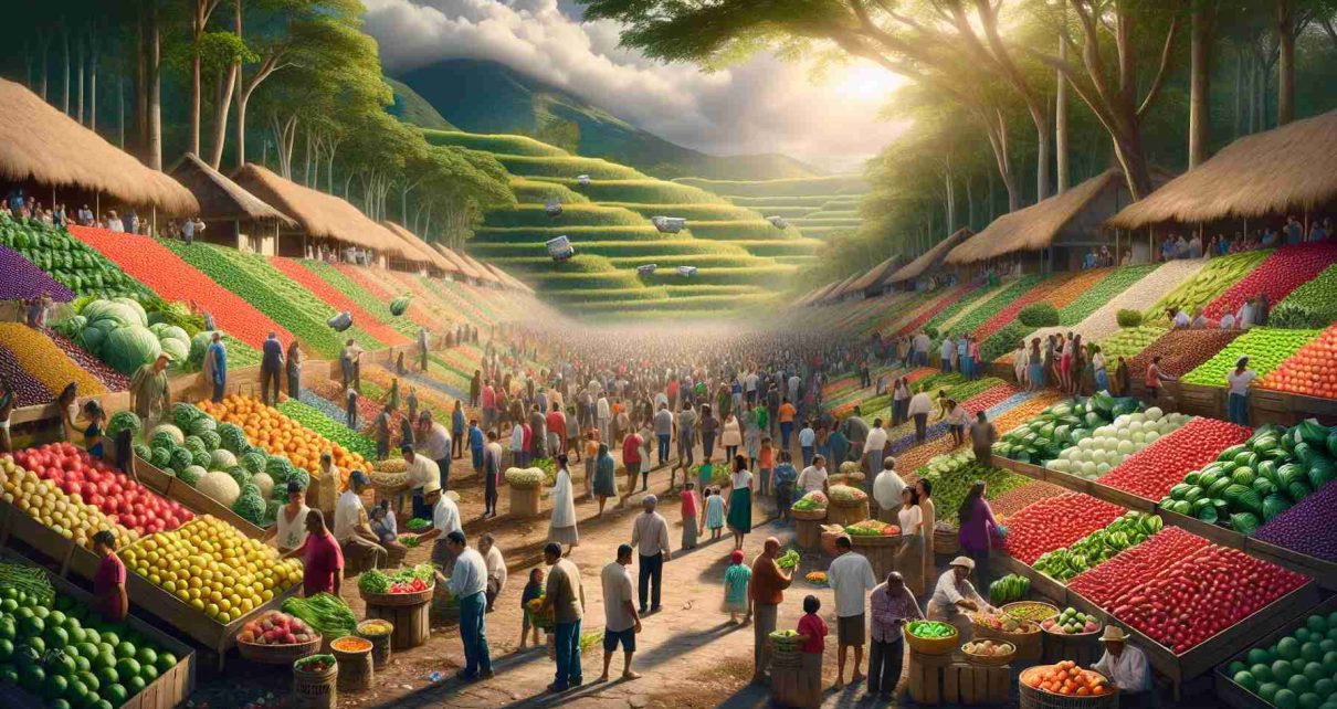 Generate a high-definition, realistic image depicting the theme of economic recovery leading to improved food security in Central American nations. The scene should include lush, agriculturally prosperous fields with stacks of fruits and vegetables in abundance. There could also be markets teeming with people of diverse descents such as Hispanic, Caucasian, Black, Middle-Eastern, South Asian, White joyously purchasing a variety of fresh produce. This shift in the economic condition and the resultant food security should symbolize inspiration and upliftment.