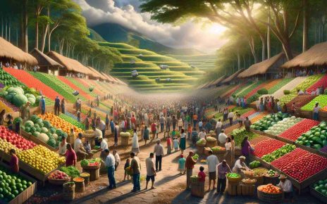 Generate a high-definition, realistic image depicting the theme of economic recovery leading to improved food security in Central American nations. The scene should include lush, agriculturally prosperous fields with stacks of fruits and vegetables in abundance. There could also be markets teeming with people of diverse descents such as Hispanic, Caucasian, Black, Middle-Eastern, South Asian, White joyously purchasing a variety of fresh produce. This shift in the economic condition and the resultant food security should symbolize inspiration and upliftment.